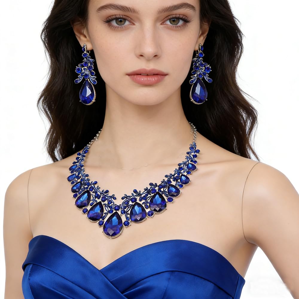 Qlavoca Vintage Crystal Teardrop Necklace Earrings Set - Gothic Statement Jewelry for Wedding Bridal Prom Party(Royal Blue Gold-Tone)