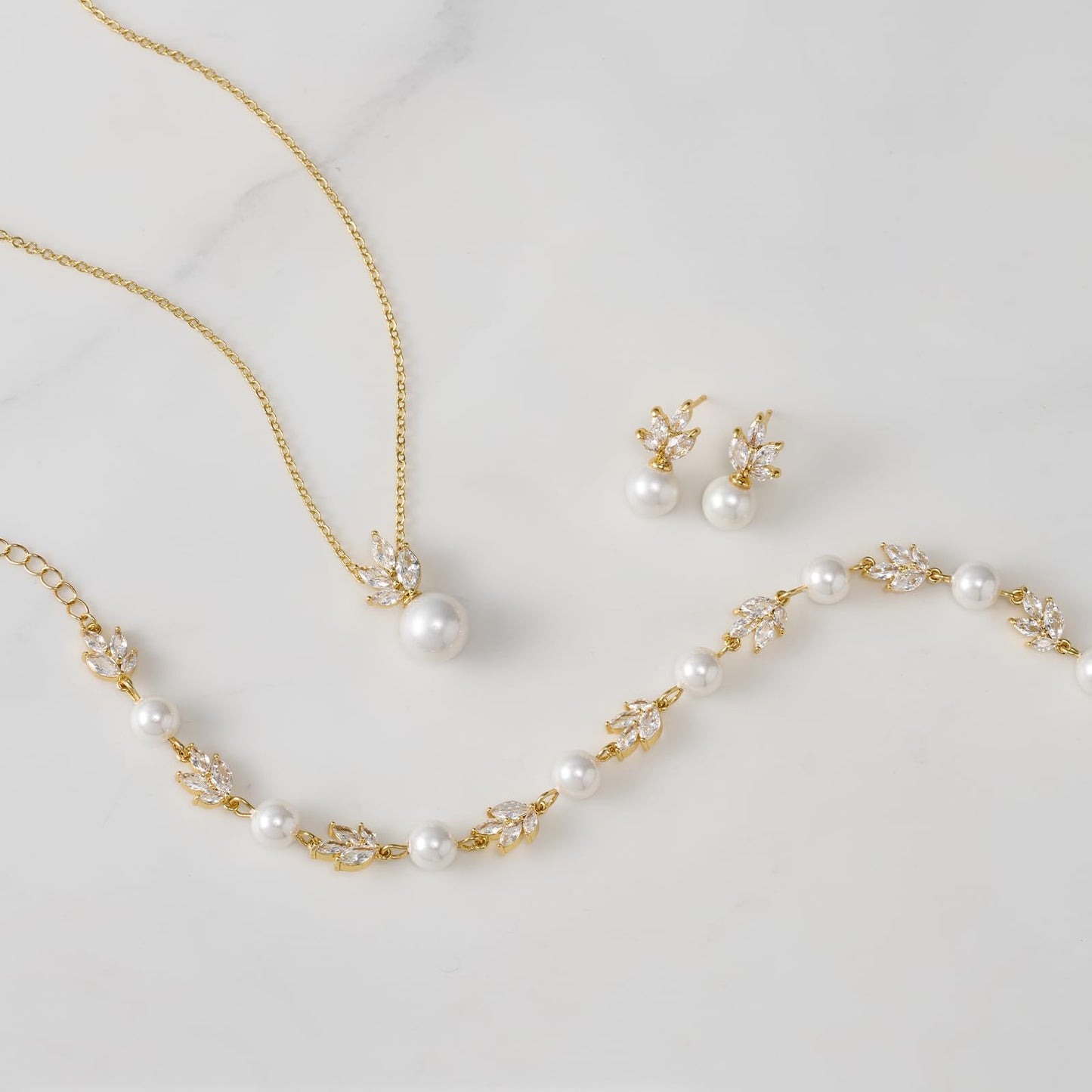 SWEETV Gold Bridal Jewelry Set for Wedding, Cubic Zirconia Pearl Floral Bridal Earrings Necklace Bracelet Set, Formal Prom Jewelry Set for Women