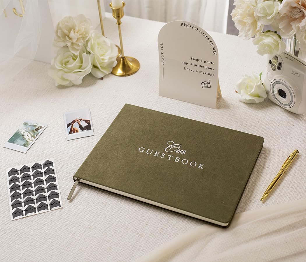 Modern Album Designs Our Wedding Photo Guest Book Set - Sign, Photo Corner Stickers Pen, Box, Layout Pages for Instant Photos Photo Booth Weddings Bridal Showers Engagement Events (Olive)
