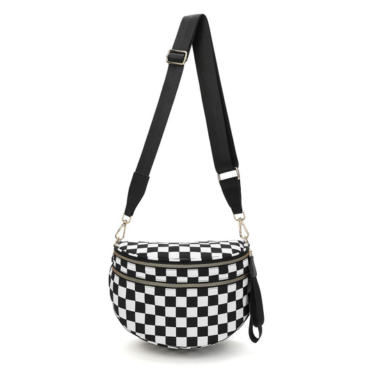 FFEDAYUN Checkered Crossbody Bag Spacious Bum Bags for Women Nylon Fanny Packs Belt Bag Handbags Wallets for Shopping Travel,Black White