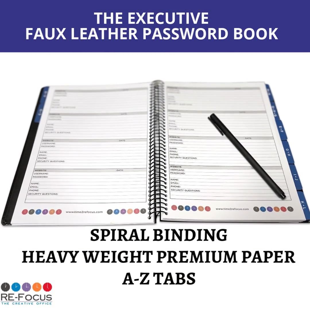 RE-FOCUS THE CREATIVE OFFICE, Executive Password Keeper Book, Black, Flexible Faux-Leather Cover, Spiral Bound