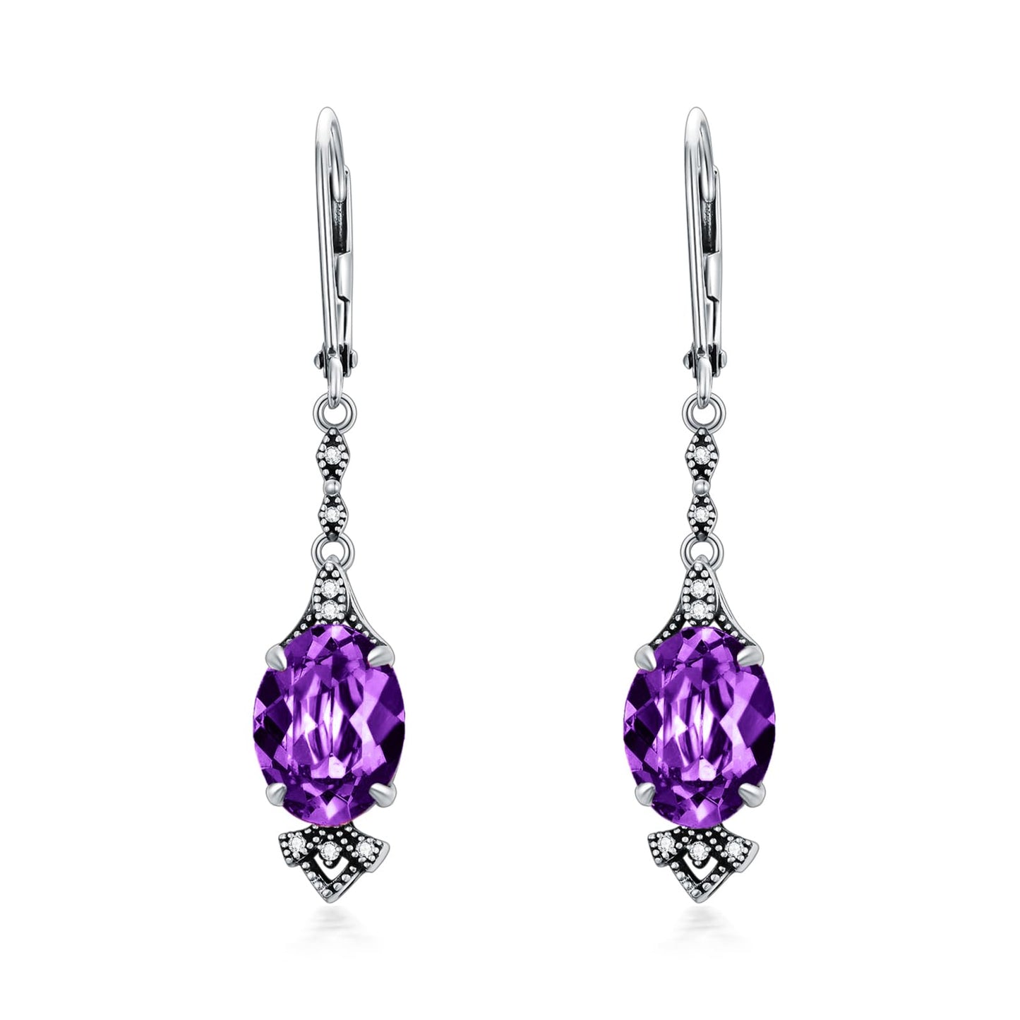 Vintage Amethyst Purple Earrings 925 Sterling Silver Retro Antique Looking Leverback Dangle Drop Earrings with Oval February Birthstone, Anniversary Jewelry Gifts for Women