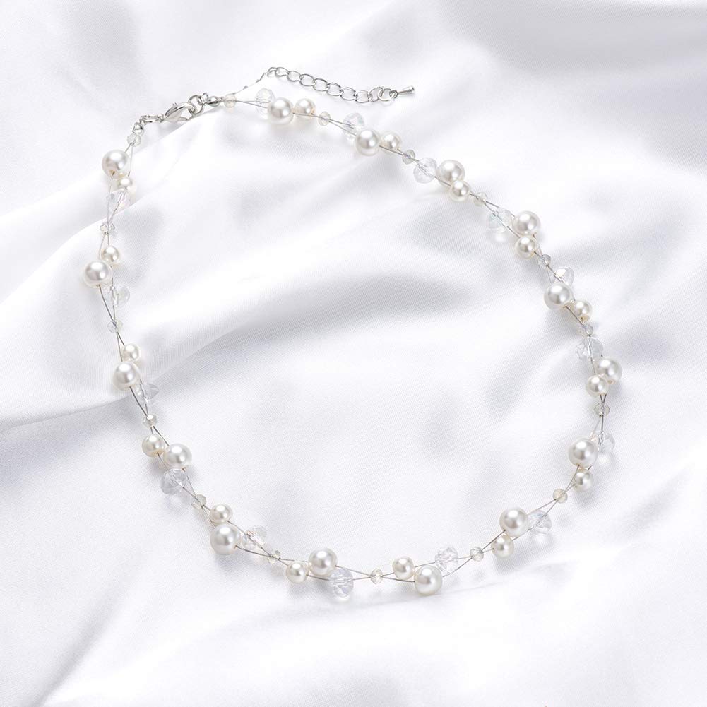 Short Beaded Turquoise Necklace For Women - Fashion Jewelry with Pearl and Crystal Bead, Birthday Gifts For Women (27-White)
