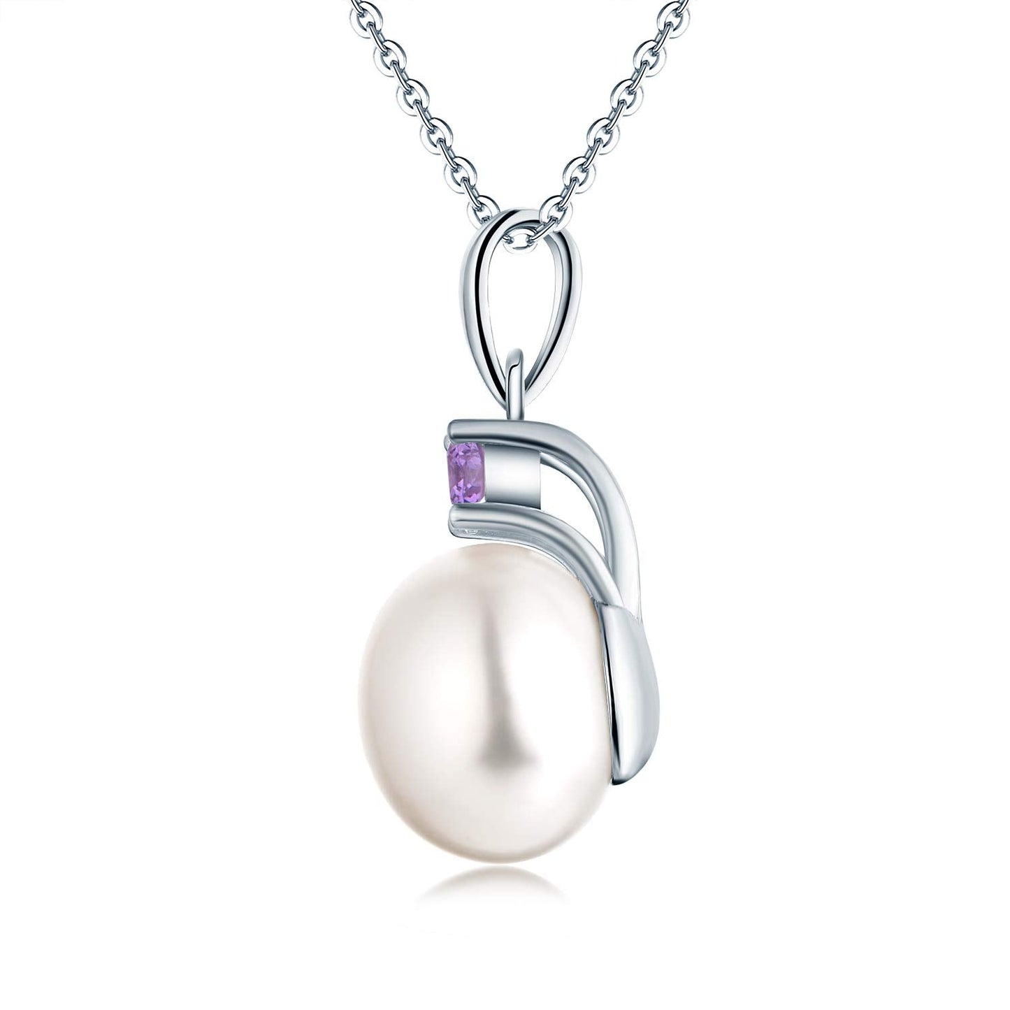 JO WISDOM Pearl Necklace,925 Sterling Silver Cubic Zirconia 10mm White Freshwater Pearl Pendant Necklace,Amethyst June Birthstone Jewelry for Women