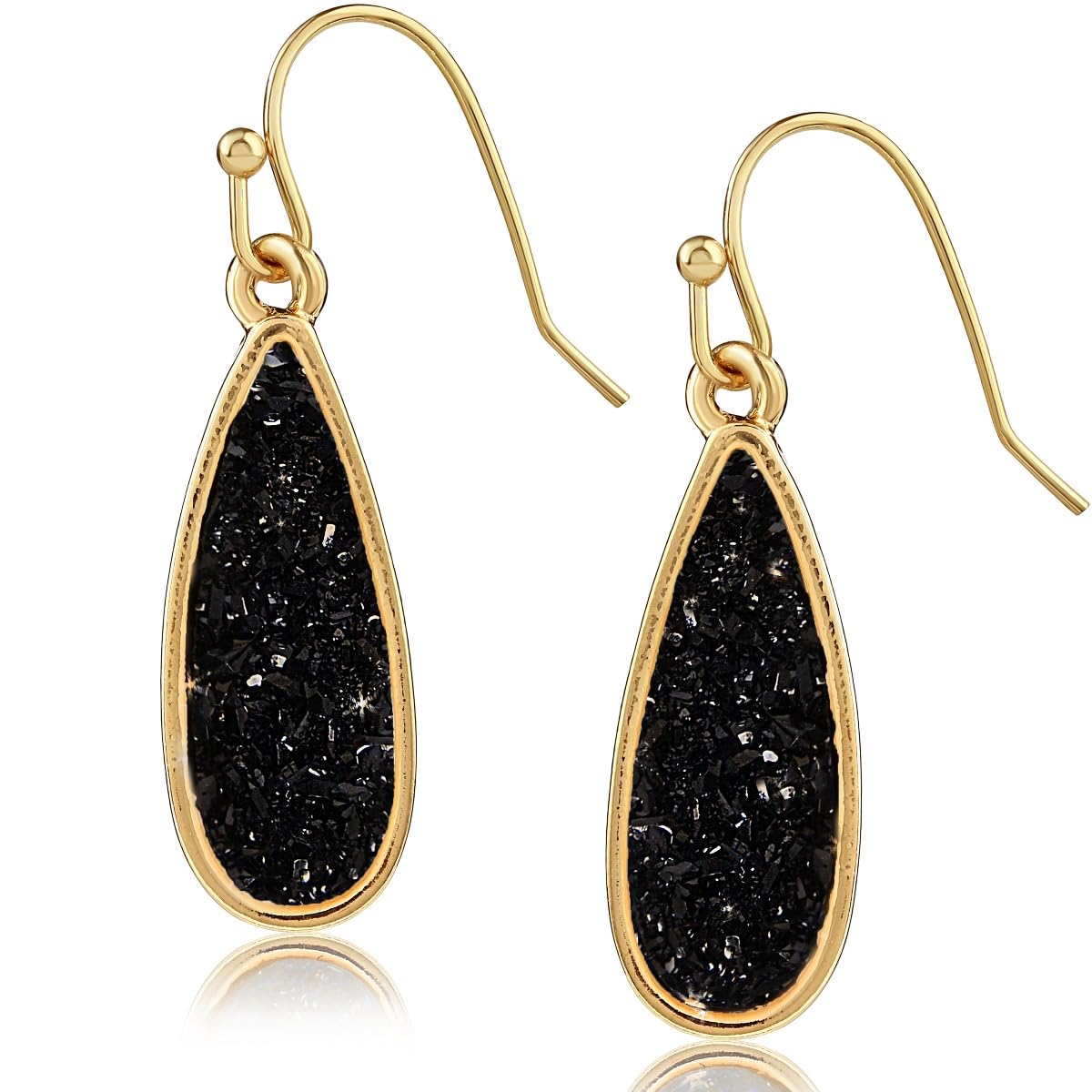 Simulated Druzy Drop Dangles - Sparkly Long Teardrop Dangly Earrings for Women, Gold Tone - Black Stone