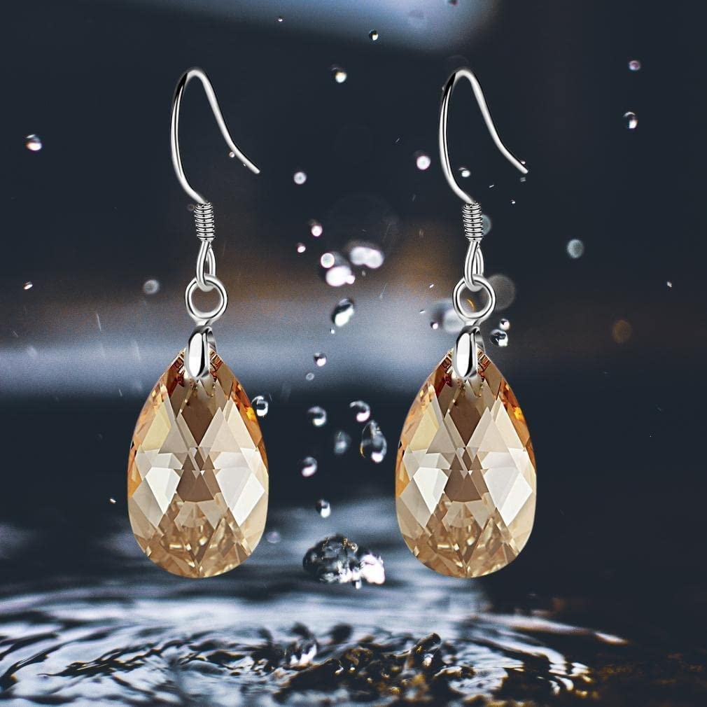 Teardrop Austrian Crystal Drop Dangle Earrings for Women 925 Sterling Silver Hook Hypoallergenic Earring (Topaz)