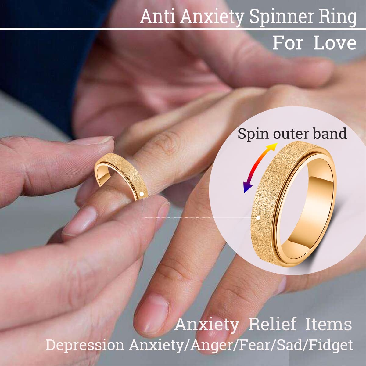 OreilleStar Titanium Stainless Steel Anxiety Ring for Women Men Fidget Toys Adults Spinner Ring 6mm Wide Cool Mood Rings Band Rings Hand Polished Gold Size 8