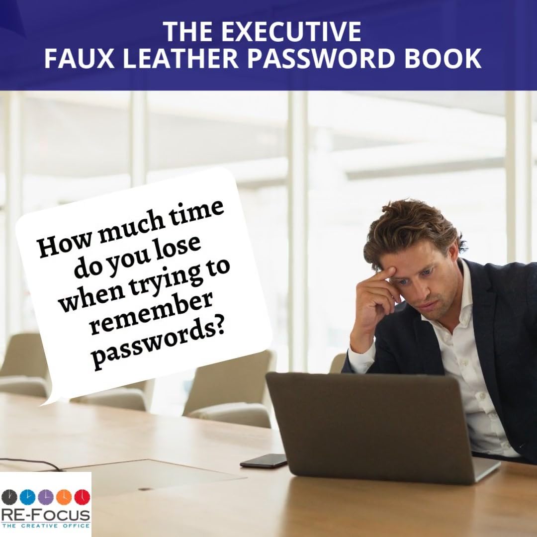RE-FOCUS THE CREATIVE OFFICE, Executive Password Keeper Book, Black, Flexible Faux-Leather Cover, Spiral Bound