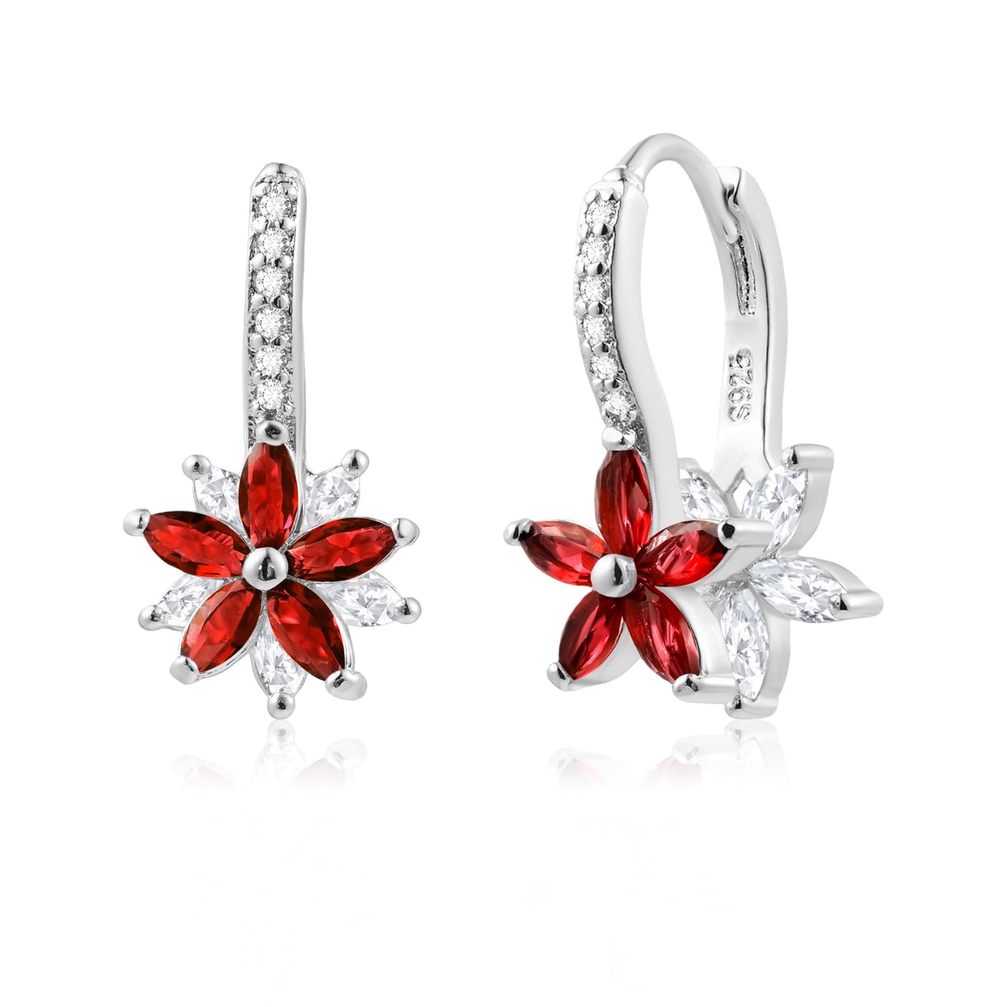 Watforsh 925 Sterling Silver Flower Earrings for Women Dangling Leverback Earrings with Ruby and White Crystal Double Floral