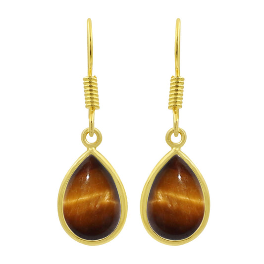 Natural Tiger Eye 14K Yellow Gold Plated Dangle Earrings for Women - November Birthstone Teardrop Shape Gemstone Handmade Earrings - Jewelry Gifts for Her Mom Wife Sister