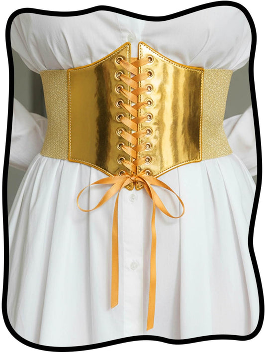Urieo Wide Elastic Corset Belt, Gold Lace-Up Waist Cincher, Stretch Side Panels