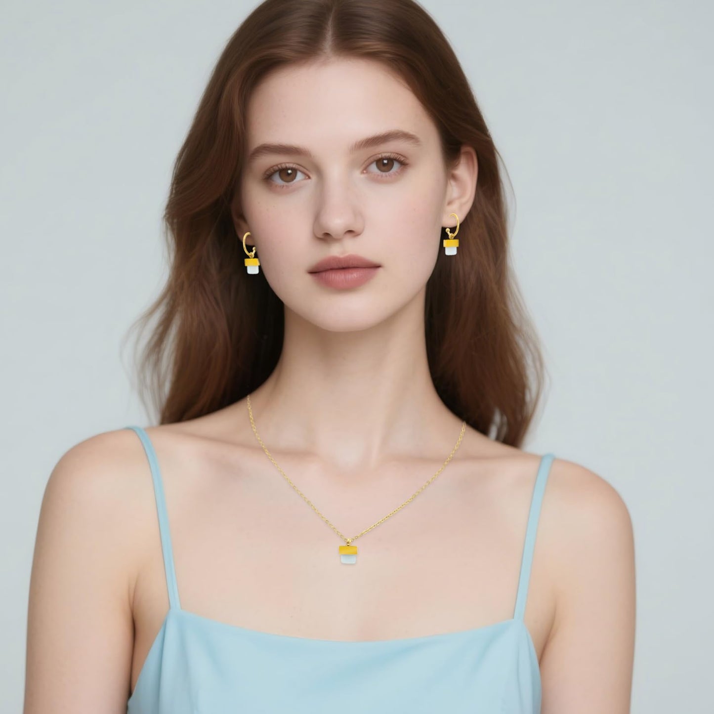 TaYolnFaSo Natural Amazonite Necklace and Earrings Set for Women 18K Gold Plated Amazonite Jewelry Set Square Gemstone Jewelry Gift