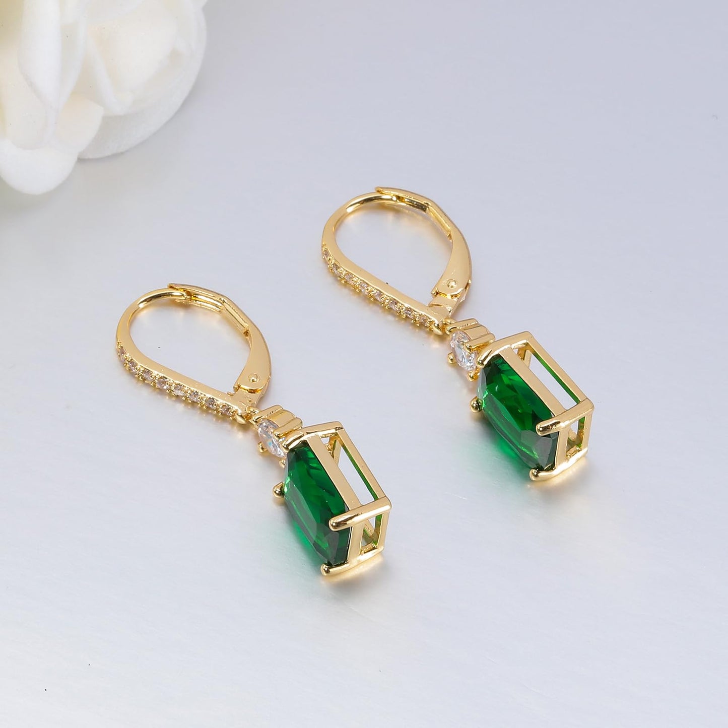 CiNily Leverback Earrings for Women Rectangular-cut Drop Dangle Earring Hypoallergenic, 14K Gold Plated Emerald Green Cubic Zircon Earrings Diamond Dangle Ear Rings Jewelry Birthday