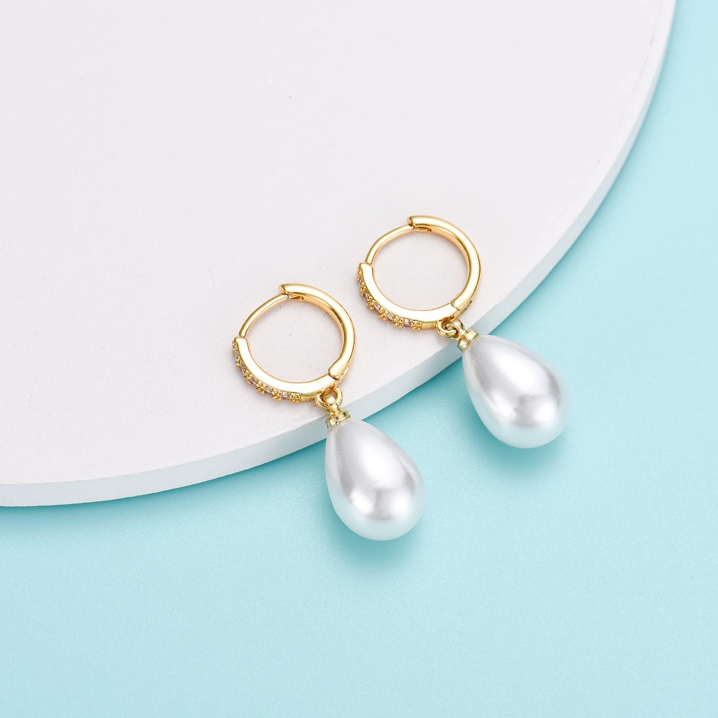 CERSLIMO Gold Pearl Drop Earrings for Women | S925 Sterling Silver Post Simulated Shell Teardrop Pearl Hoop Dangle Earrings, Hypoallergenic Cubic Zirconia Huggies Earrings Bridesmaid Jewelry