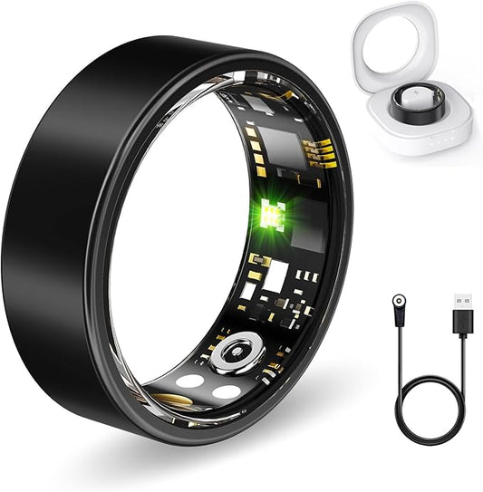 Smart Health Rings for Women Men, Fitness Tracker with Heart Rate, Blood Oxygen, HRV, Sleep Tracker, Step Tracker, No Subscription Fee, IP68 Waterproof Smart Ring for iphone & Android (Black 7#)
