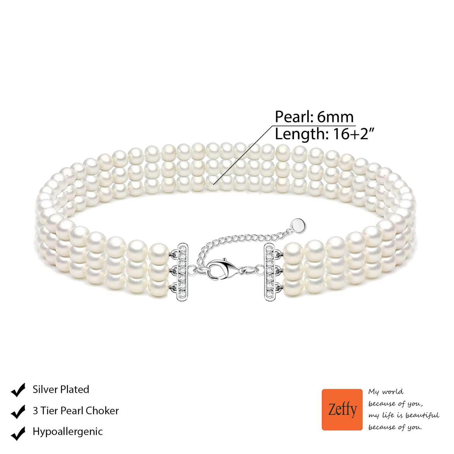 Zeffy Pearl Choker Necklace Round Imitation Pearl Necklace Multi Strands Choker Wedding Party Prom Vintage 1920s Short Choker Necklace for Women