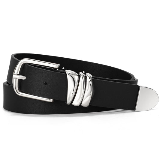 VONMELLI Women's Black Belt for Jeans Dress Leather Belt for Women Fashion Waist Ladies Belt with Silver Buckle, M