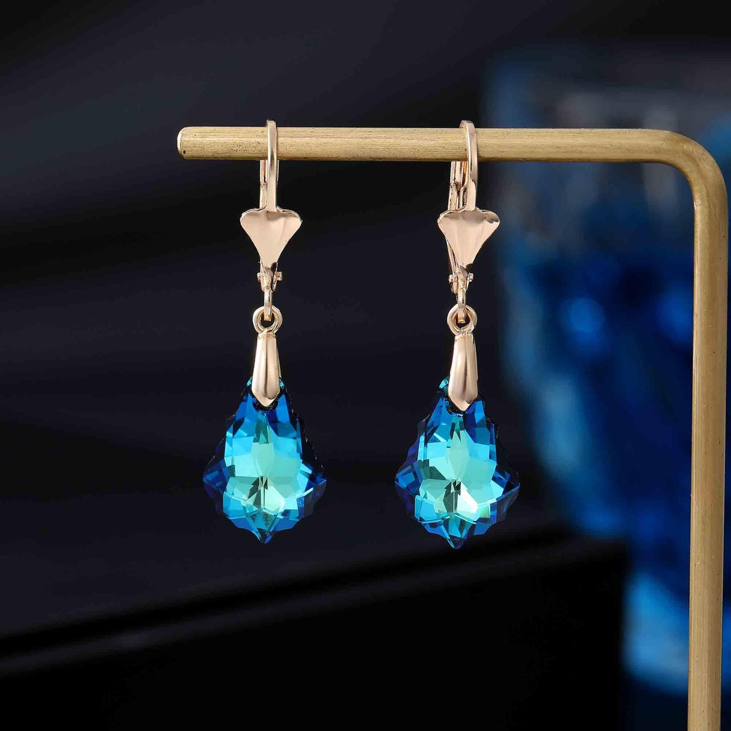 Austrian Crystal Baroque Drop Leverback Earrings for Women Fashion 14K Gold Plated Hypoallergenic Jewelry (Bermuda Blue)