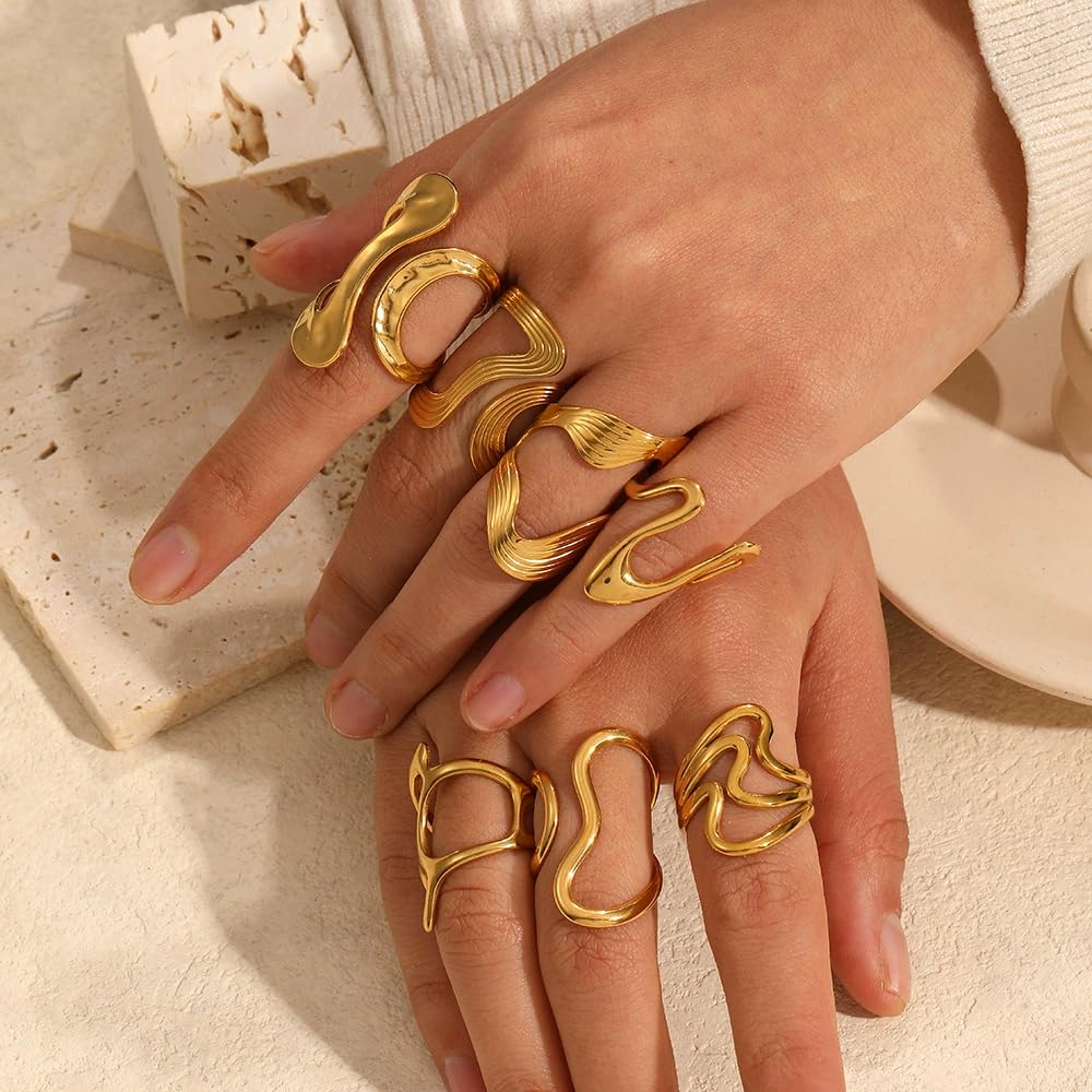 AIETUE Chunky Rings For Women, Gold Silver Thumb Ring Asymmetrical Wavy Curve Ring Adjustable Non Tarnish Dainty Stainless Steel New Year Anniversary Birthday Jewelry Gift (Trendy Gold #4)