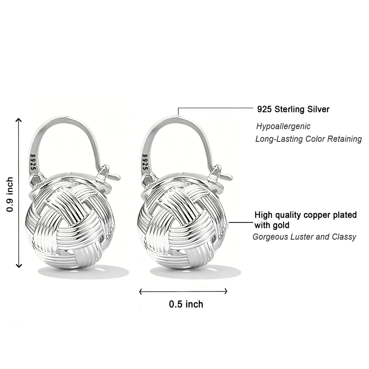 OwMell Elegant 925 Sterling Silver Pearl Drop Earrings Dangle Stud Silver Plated Earrings for Women Large Size 12mm - Weave Silver