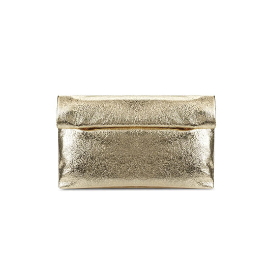MXCMXC Women's Evening Clutch Bag Metallic Crinkled Leather Clutch Purse, Fold-over Handbag Envelope Purse with Hidden Magnetic (Gold)