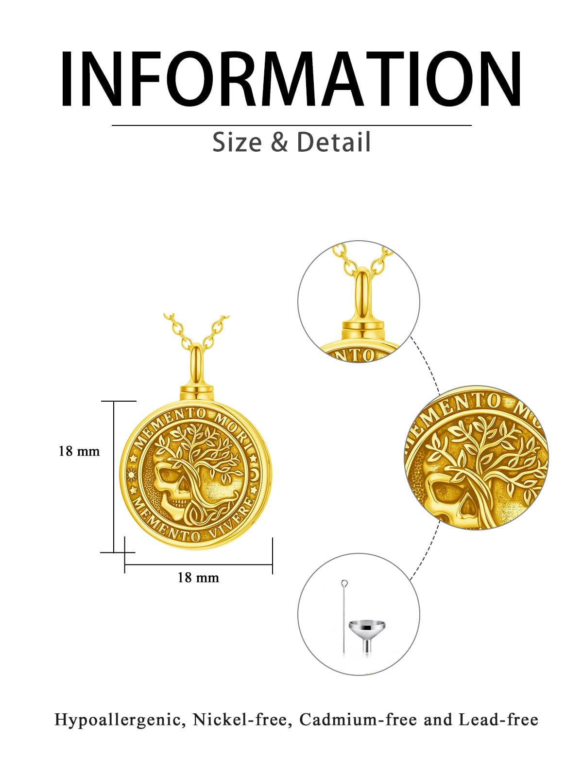 Memento Mori Gold Skull Urn Necklace for Ashes Gothic Tree of Life Hourglass Cremation Memorial Jewelry Amulet Protection Necklace Gift for Men Women Him Her