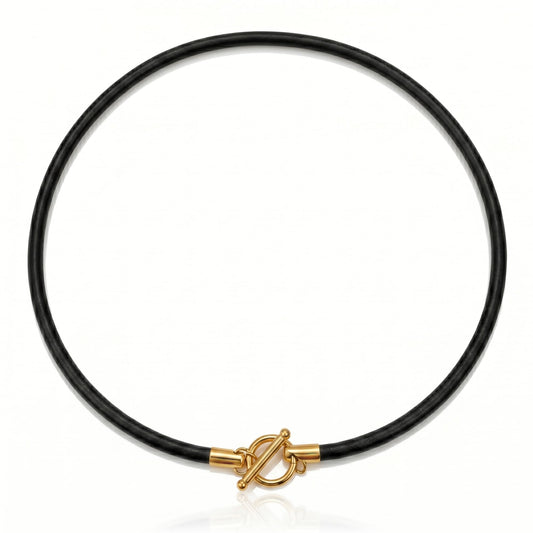 Leporem 14" Black Leather Choker 18K Gold Plated Toggle Clasp Womens Boho Chic Vintage Collar Petite Fit Summer Resort Adult Accessory (14 Inch)