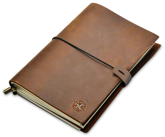 Wanderings A5 Travelers Notebook – Refillable Genuine Leather Journal – 6" x 8.5" (15 x 22cm) – Handcrafted Crazy Horse Leather – 120 GSM Blank Inserts – Travel Journal