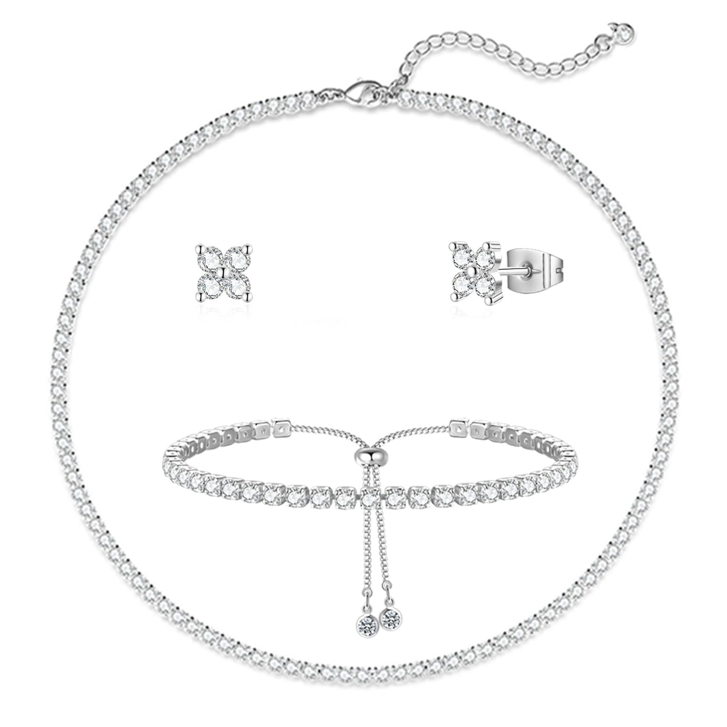 LULII Tennis Necklace Set for Women Dainty Sterling Silver Necklace and Earring Sets Diamond Leaf Stud Earrings Crystal Bracelets for Women Silver Jewelry Sets for Bride Gift
