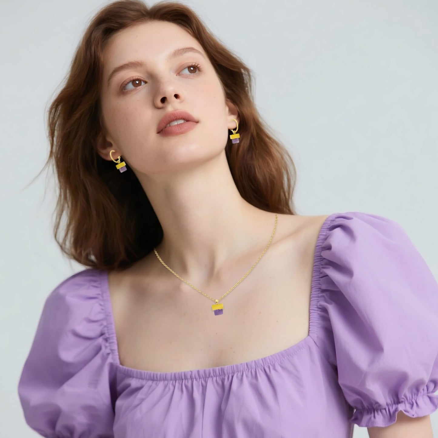 TaYolnFaSo Natural Amethyst Necklace and Earrings Set for Women 18K Gold Plated Amethyst Jewelry Set Square Gemstone Jewelry Gift