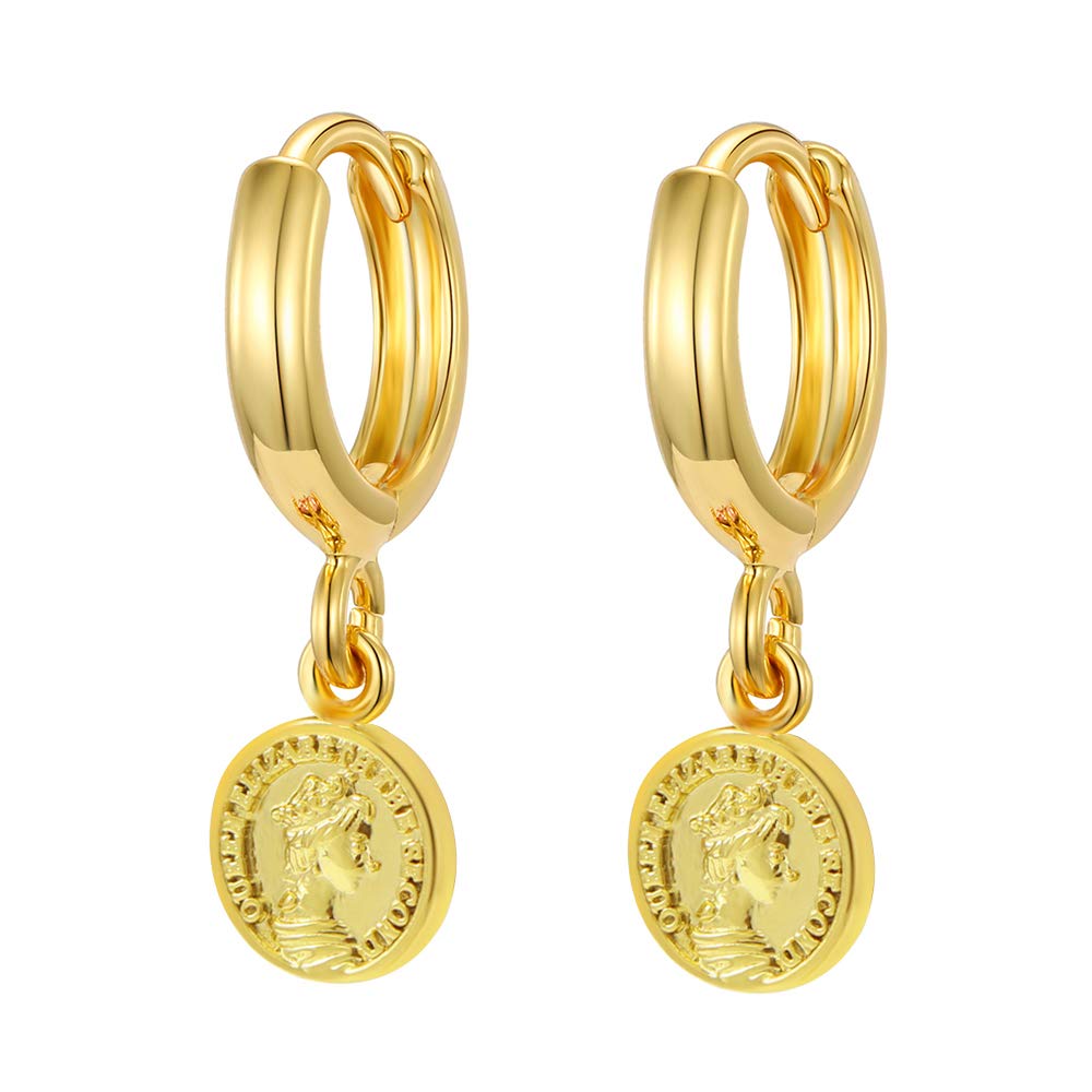 Small Hoop Coin Dangle Drop Hoop Earrings With Small Charm for Women Fashion 18K Yellow Gold Plated Vintage Elegant Dangling Jewelry
