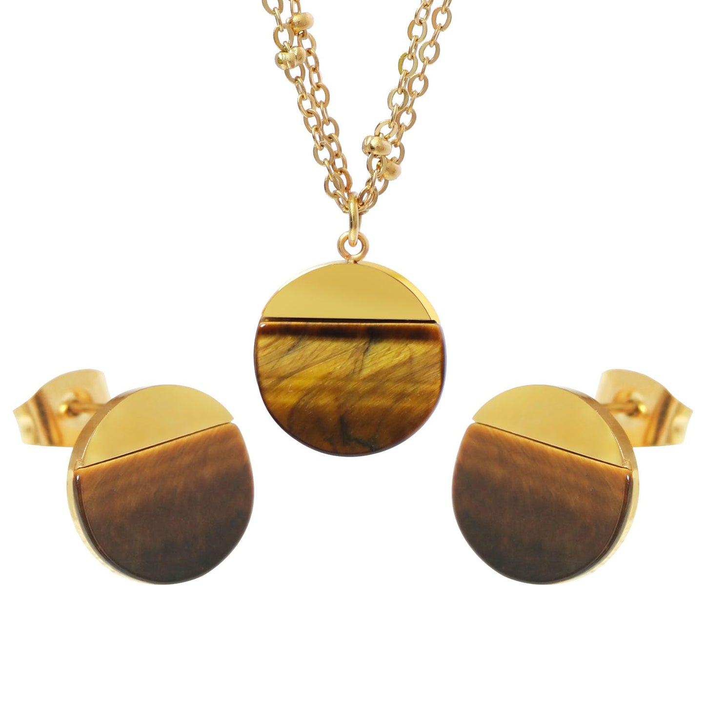 TaYolnFaSo Natural Tiger Eye Jewelry Set for Women 18K Gold Plated Tiger Eye Stud Earrings Double Chain Necklace Set Dainty Jewelry Gift