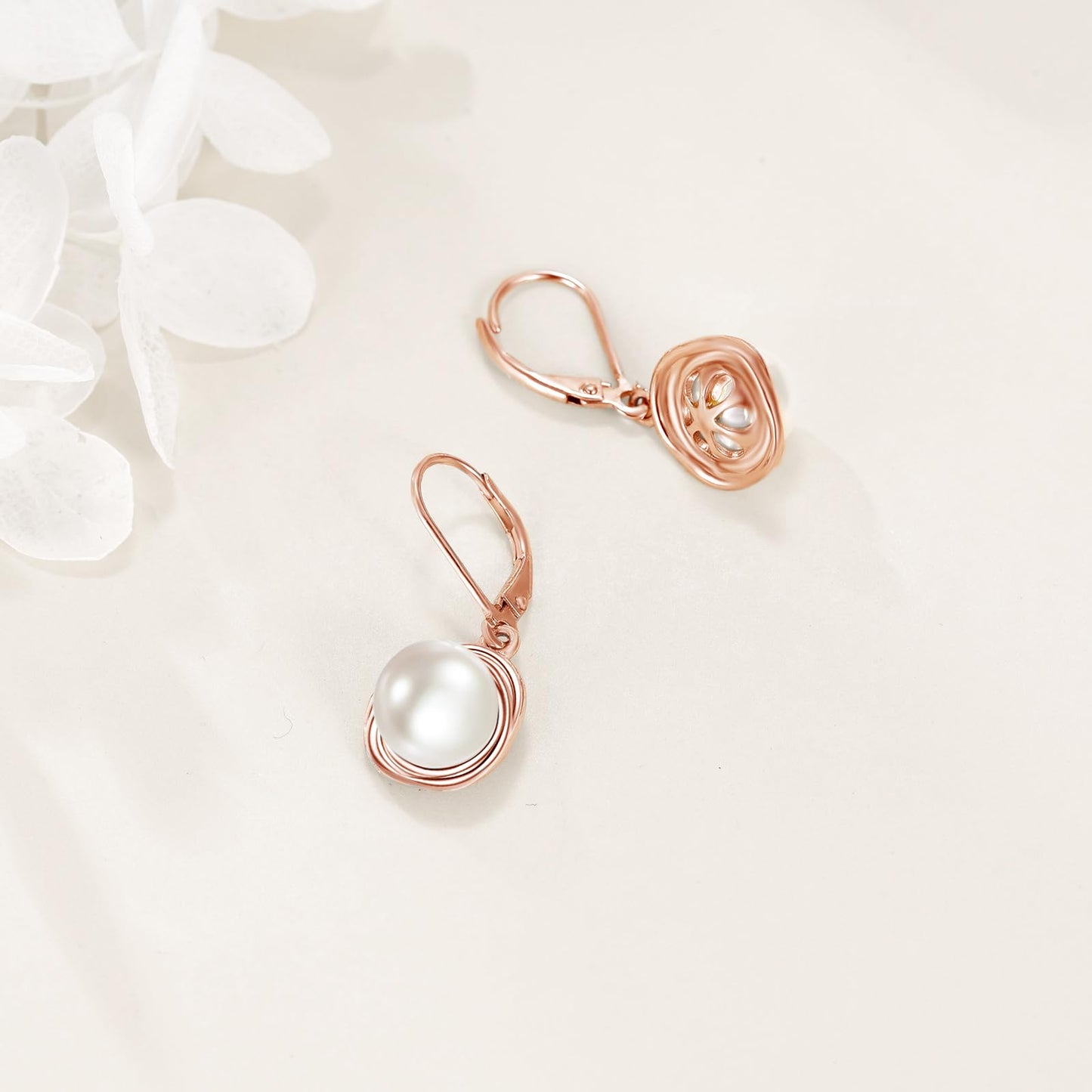 POPLYKE Pearl Dangle Earrings Rose Gold Plated 925 Sterling Silver Pearl Leverback Earrings for Women Birthday Gifts Hypoallergenic