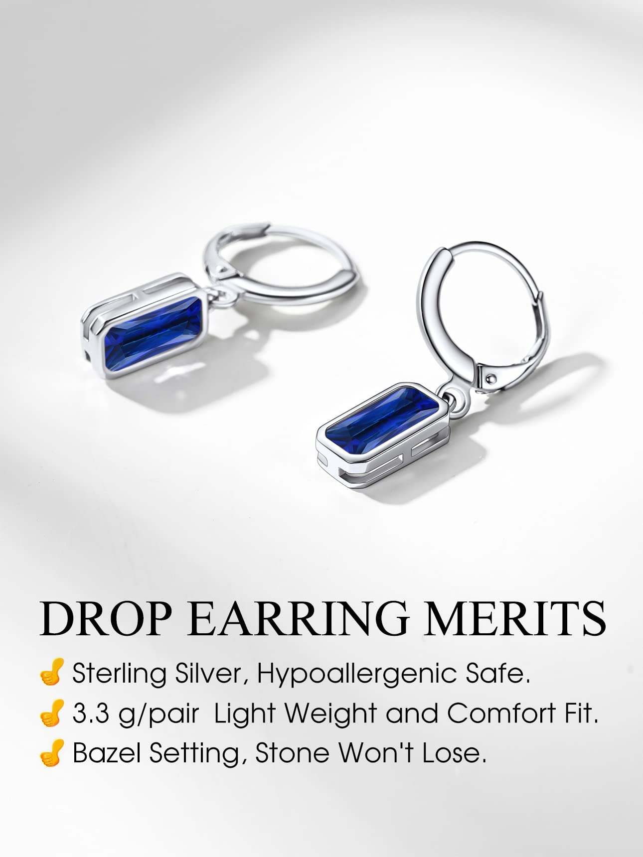Bestyle 925 Sterling Silver September Birthstone Hoop Dangle Earrings - Clear Created Rectangle Sapphire Crystal Drop Blue Earrings - Trendy Cute Women's Small Hoop CZ Dangle Earrings