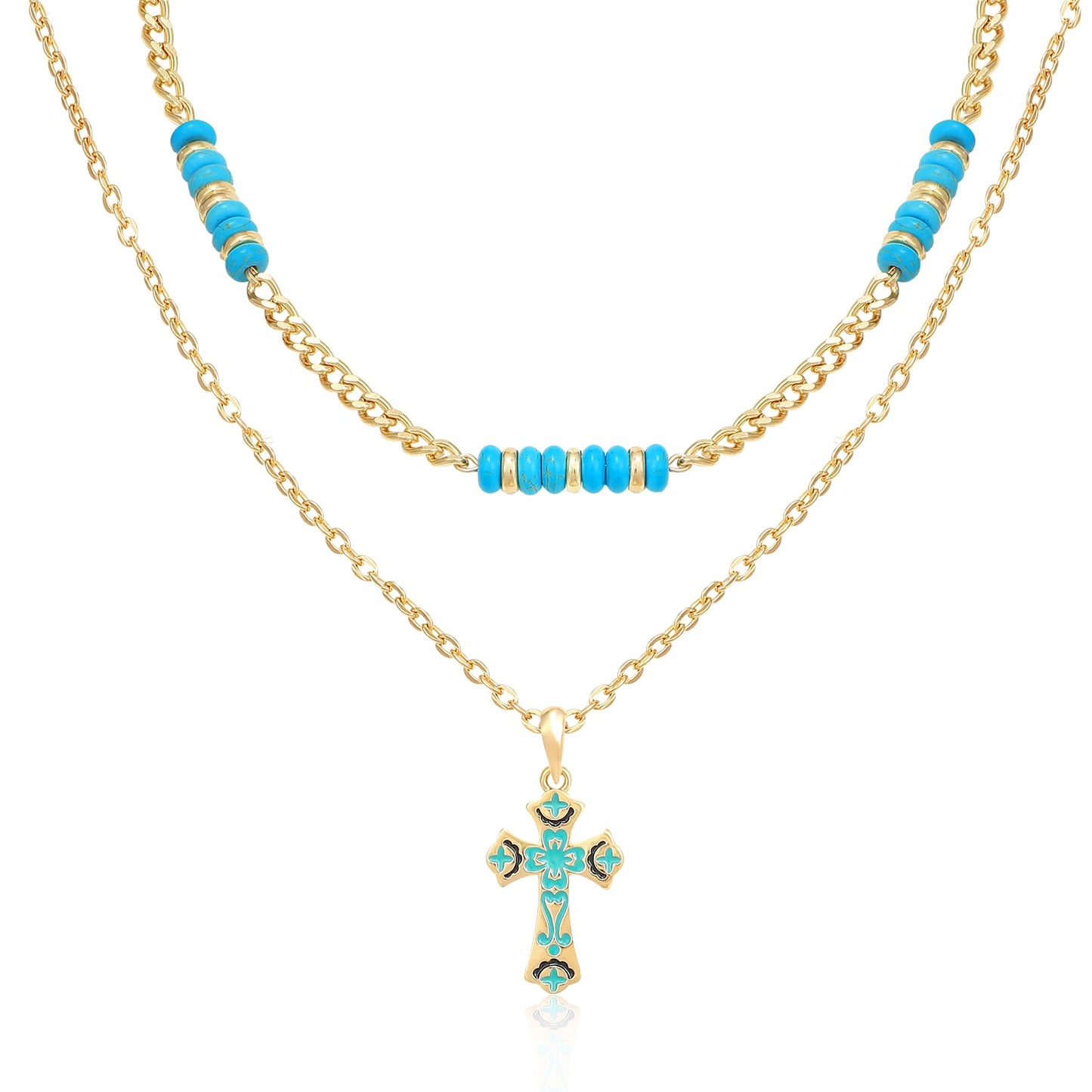 Bohemian Layered Turquoise Beaded Cross Necklace for Women, Turquoise Stone Beads Green Enamel Cross Pendant Necklace with Vintage Pattern Adjustable Gold Chain Boho Summer Beach Religion Jewelry Gift