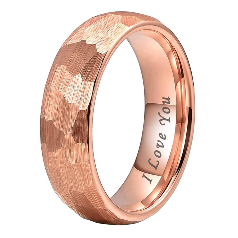 TUTISS 6mm Rose Gold Hammered Tungsten Rings for Men Women Engagement Wedding Bands Domed I Love You Engraved Comfort Fit Size 5