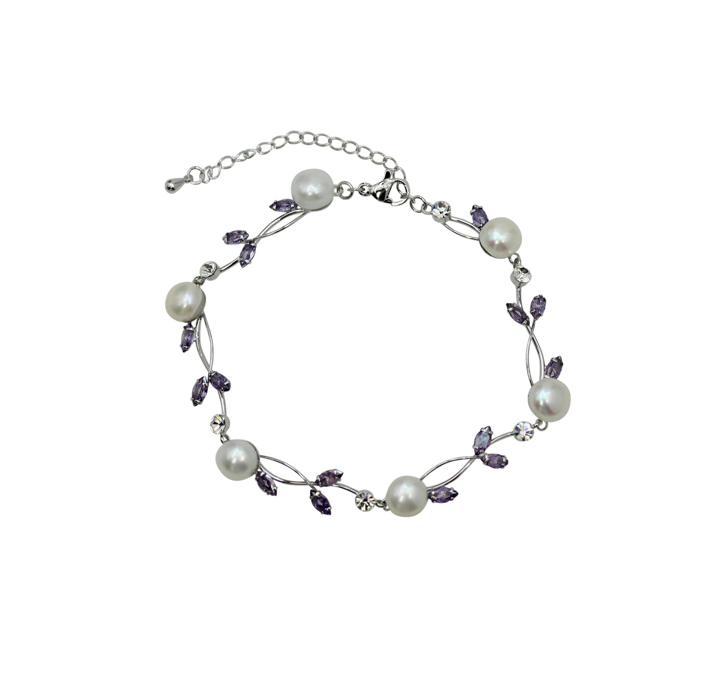 Faship Purple CZ Crystal Genuine Freshwater Pearls Floral Bracelet 7.5" - 9.5" - Purple/Matching Bracelet