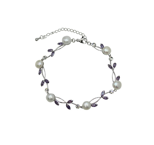 Faship Purple CZ Crystal Genuine Freshwater Pearls Floral Bracelet 7.5" - 9.5" - Purple/Matching Bracelet