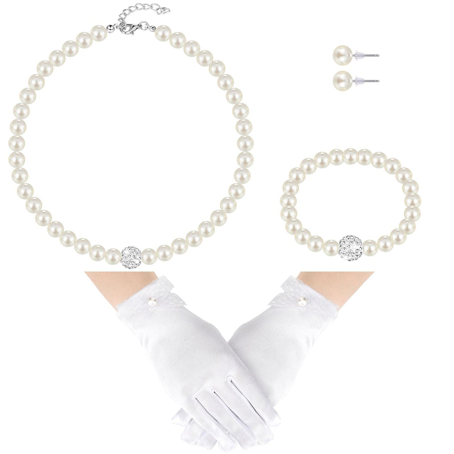Geyoga 4 Pcs Pearl Necklace Set for Little Girls Toddler Girls Jewelry Communion Gloves for Kids Christmas Tea Party Wedding(Modern Style,4-8 Years)