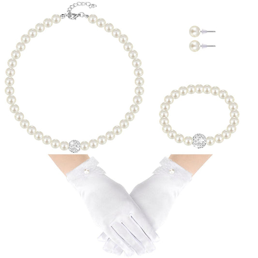 Geyoga 4 Pcs Pearl Necklace Set for Little Girls Toddler Girls Jewelry Communion Gloves for Kids Christmas Tea Party Wedding(Modern Style,4-8 Years)