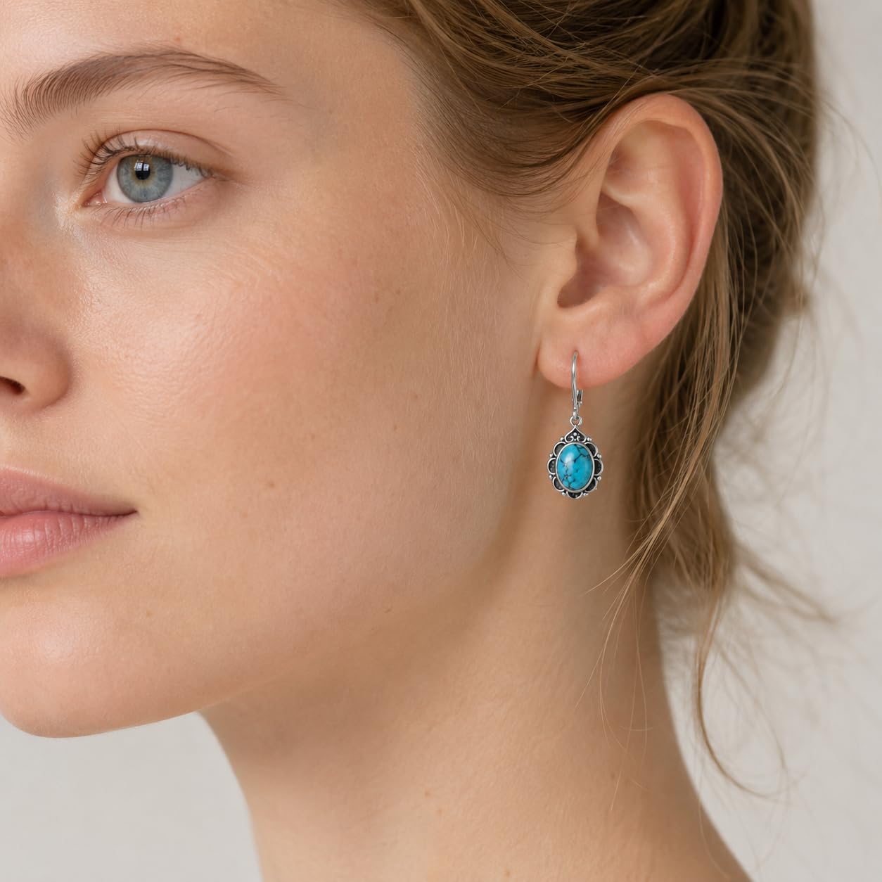 Turquoise Drop Earrings for Women 925 Sterling Silver Vintage Oval 9x7mm Filigree Leverback Dangle Earrings, Gothic Victorian Antique Jewelry Gifts