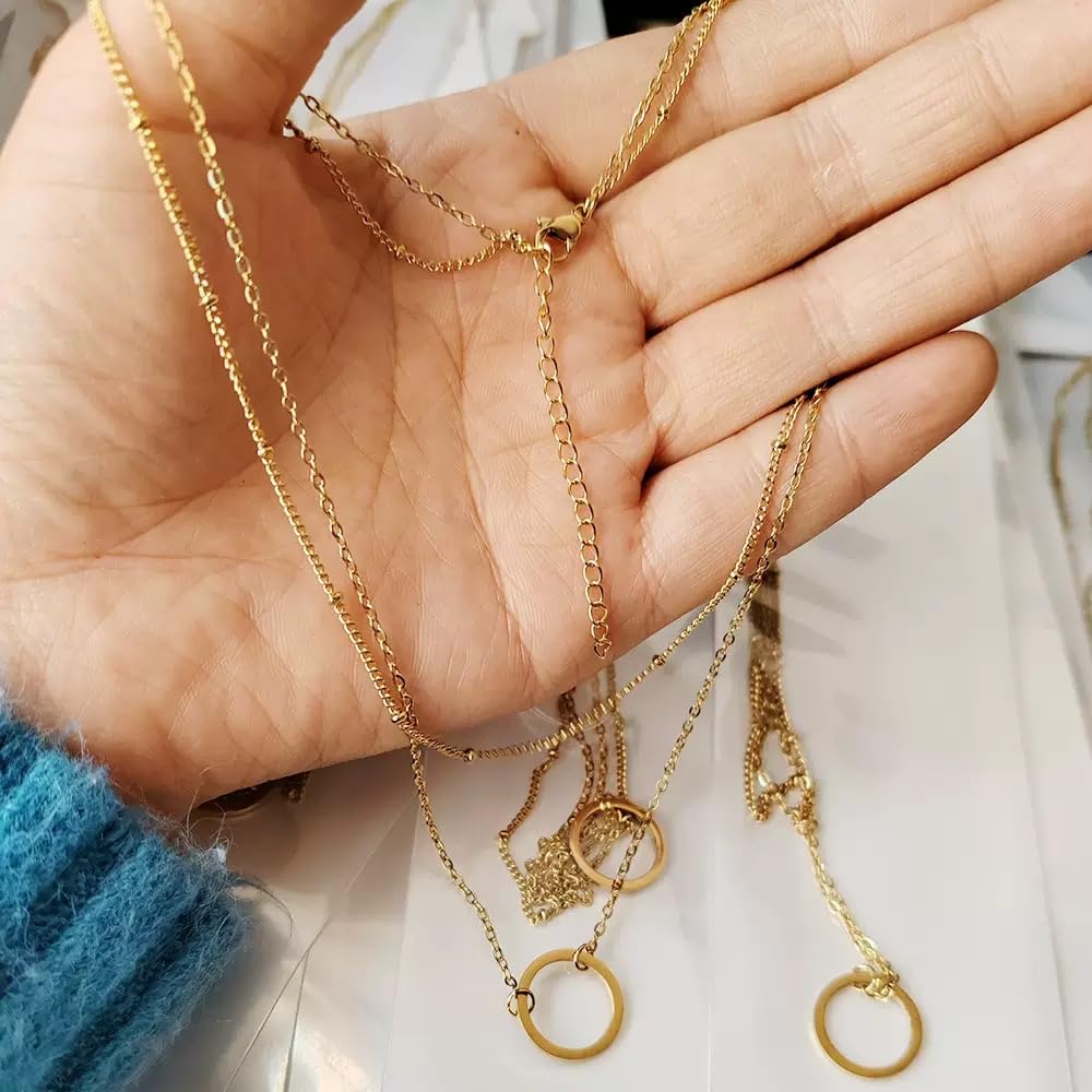 JELLYSEE Gold Necklaces for Women - 14K Gold Plated Layering Necklaces Trendy Circle Paperclip Chain Pendant Choker Necklace, Simple Diamond Cross Bow Jewelry Set Gifts for Women