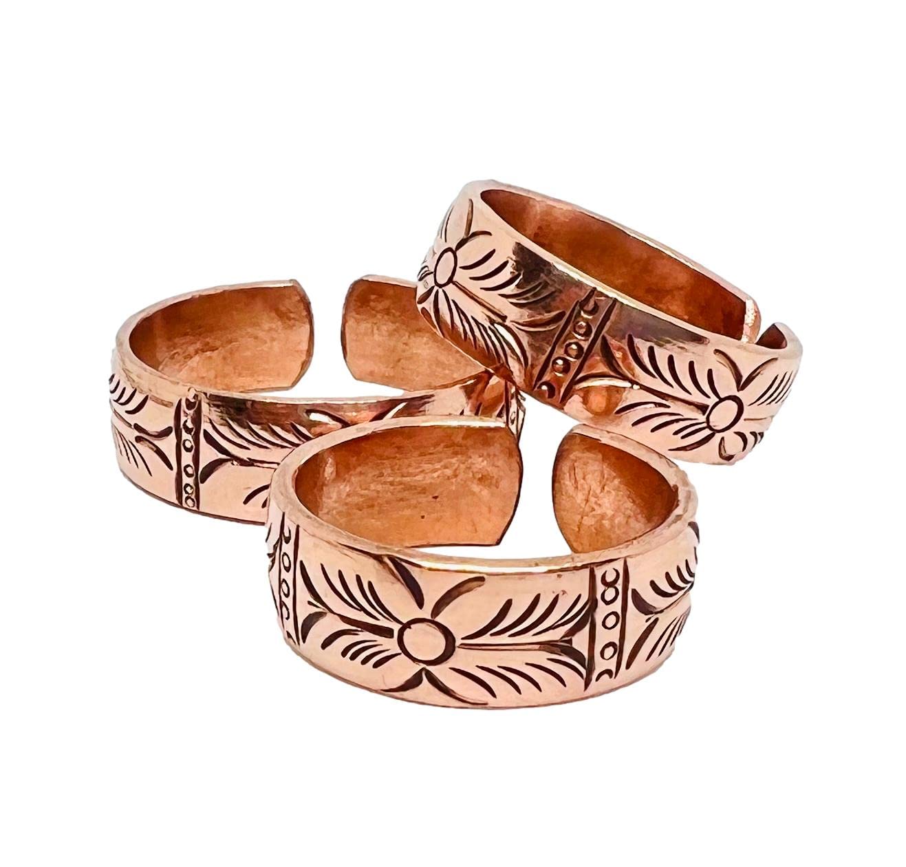 Set of 3 Hand Forged Pure Copper Rings. Made with 100% Pure Raw Untreated Copper. Tibetan Healing Medicine Ring Set. (Carved)
