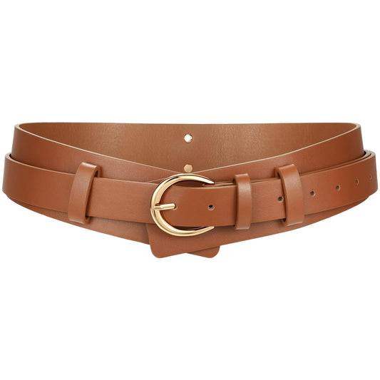 SANSTHS Belt for Women 2-in-1 Waistband for Dress Coats Pants, Women Wide Leather Belt with Fashion Buckle, Brown M