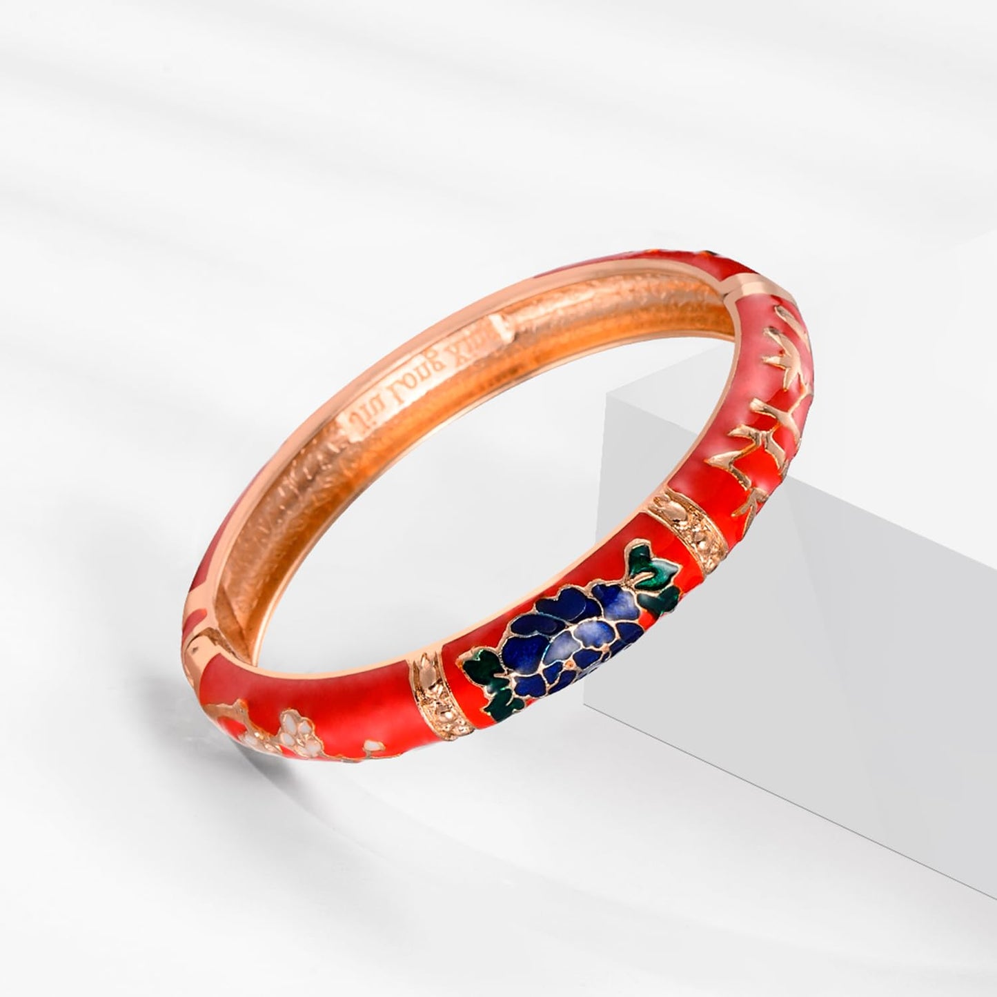 wynameleri Vintage Cloisonne Jewelry Gorgeous Rhinestone Handcrafted Bracelets Enamel Flower Gold Hinged Cuff Bangles Gifts 88A-55A127 red