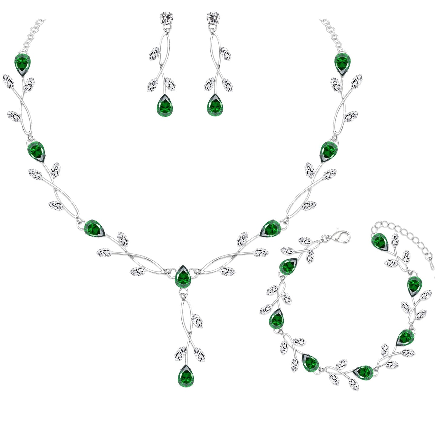CSY Elegant Silver Bridal Jewelry Sets Clear Cubic Zirconia Wedding Necklace Earrings Bracelet Set for Birdes Bridesmaids CZ Prom Jewelry (Emerald Green)