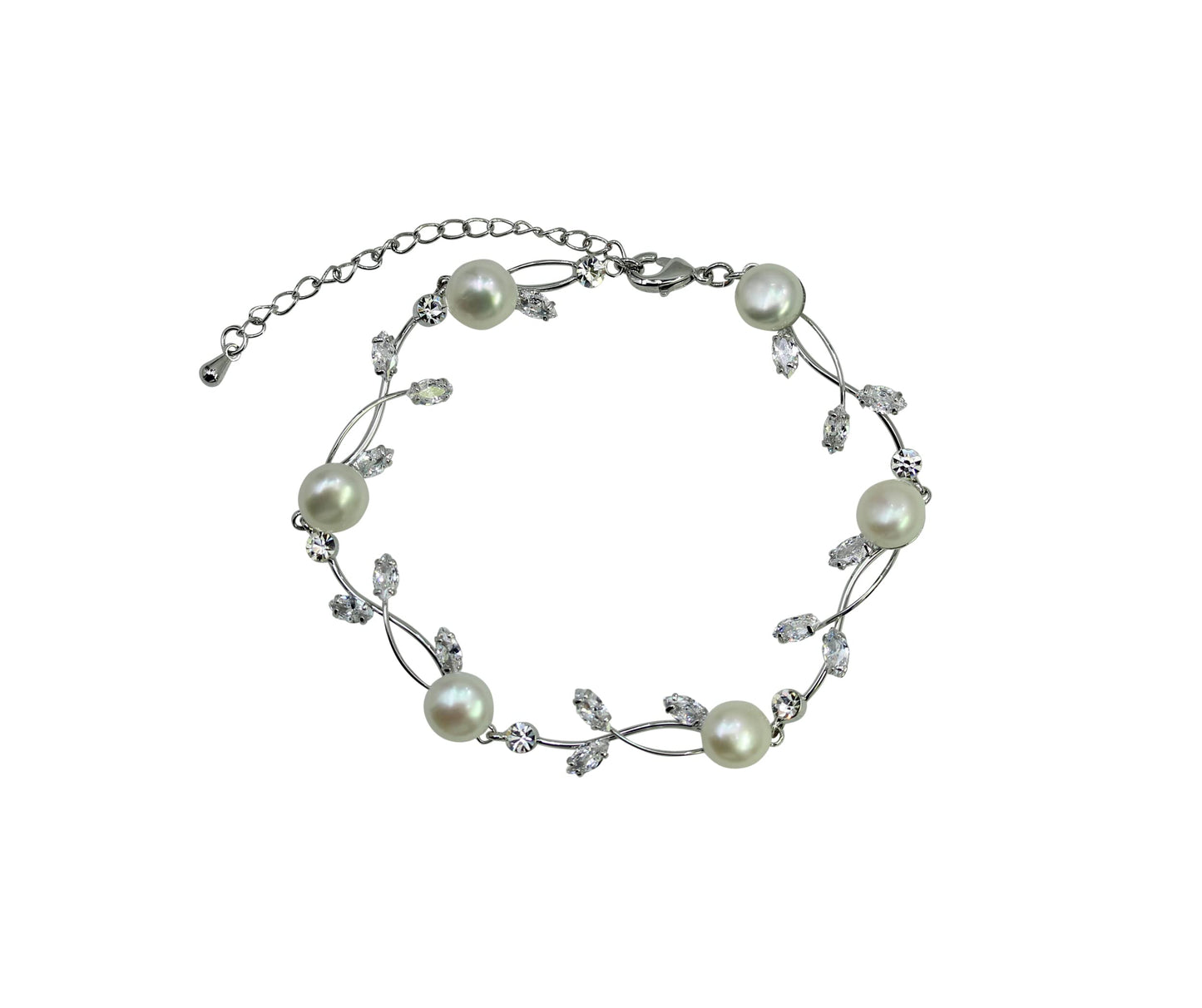 Faship Clear CZ Crystal Genuine Freshwater Pearls Floral Bracelet 7.5" - 9.5" - Clear/Matching Bracelet