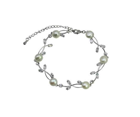Faship Clear CZ Crystal Genuine Freshwater Pearls Floral Bracelet 7.5" - 9.5" - Clear/Matching Bracelet