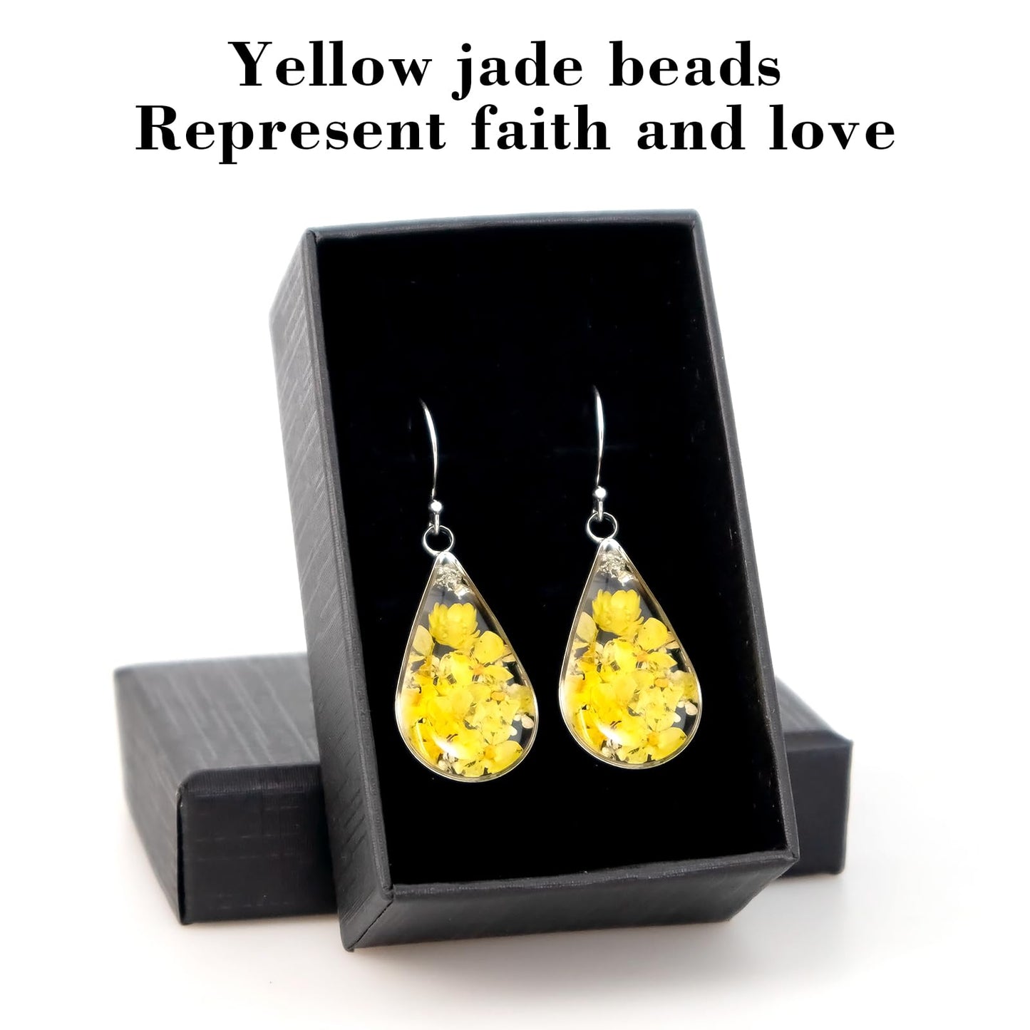 925 Sterling Silver Pressed Flower Teardrop Earrings,Hypoallergenic Women's Jewelry Gift for Mom,Handmade natural dried flower teardrop earrings Jewelry Gift (Yellow jade beads silver)