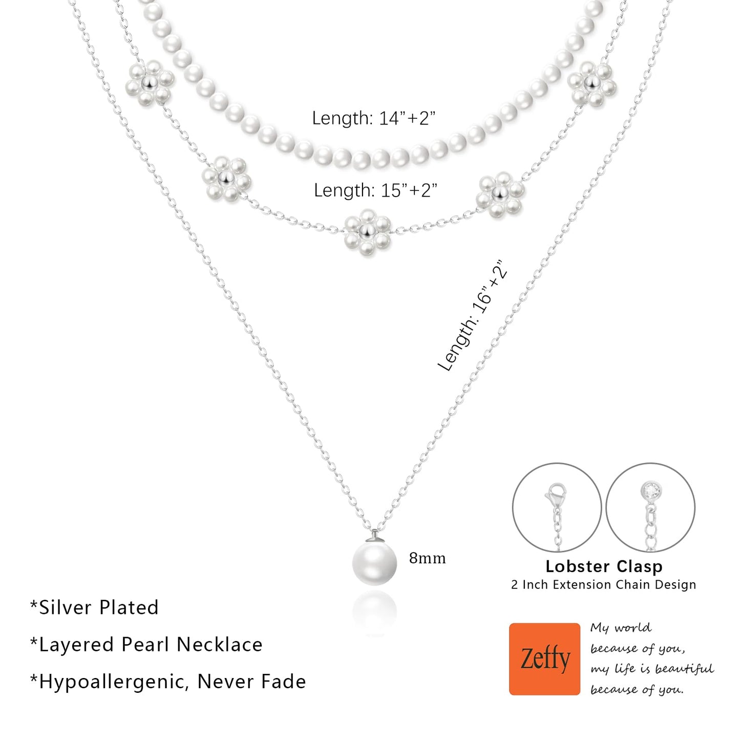 Zeffy Silver Daisy Pearl Necklaces for Women Silver Dainty Layered Pearl Choker Trendy Cute Silver Necklace Stack Wedding Jewelry Sets for Women Bridesmaid Gifts